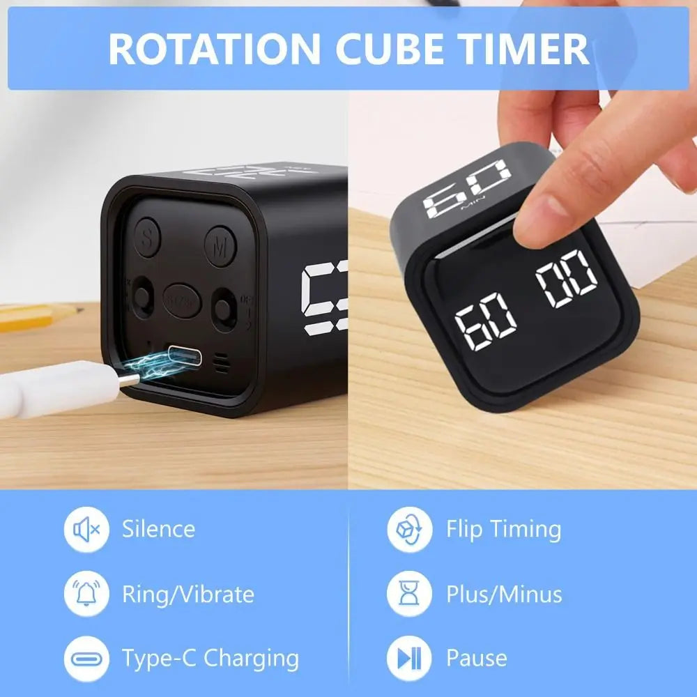 Gravity Sensing Digital Cube Timer Rotation Timing 3 Volume Adjustable Pomodoro Timer Custom Countdown 5/10/30/60min