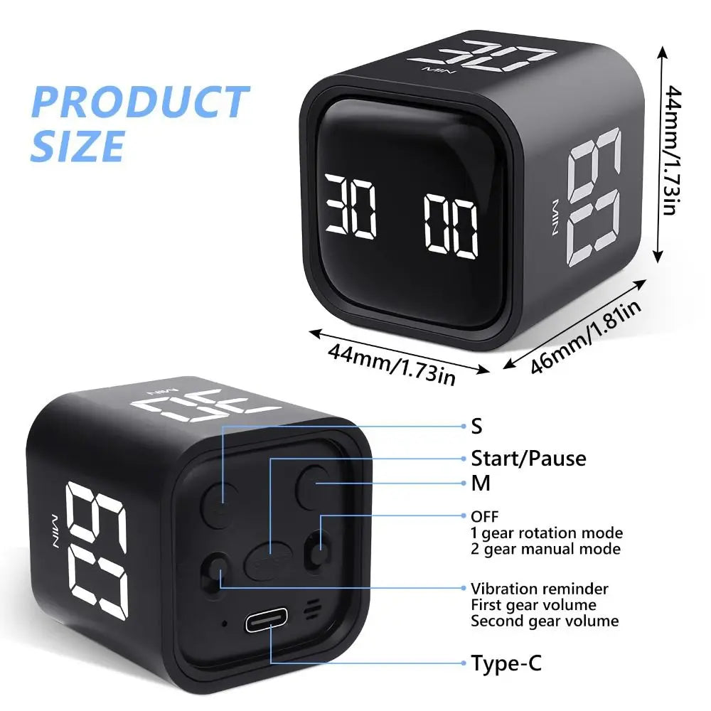 Gravity Sensing Digital Cube Timer Rotation Timing 3 Volume Adjustable Pomodoro Timer Custom Countdown 5/10/30/60min