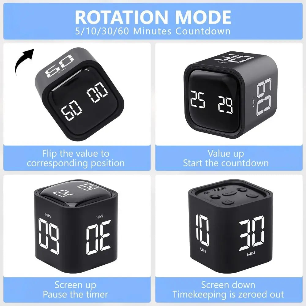Gravity Sensing Digital Cube Timer Rotation Timing 3 Volume Adjustable Pomodoro Timer Custom Countdown 5/10/30/60min